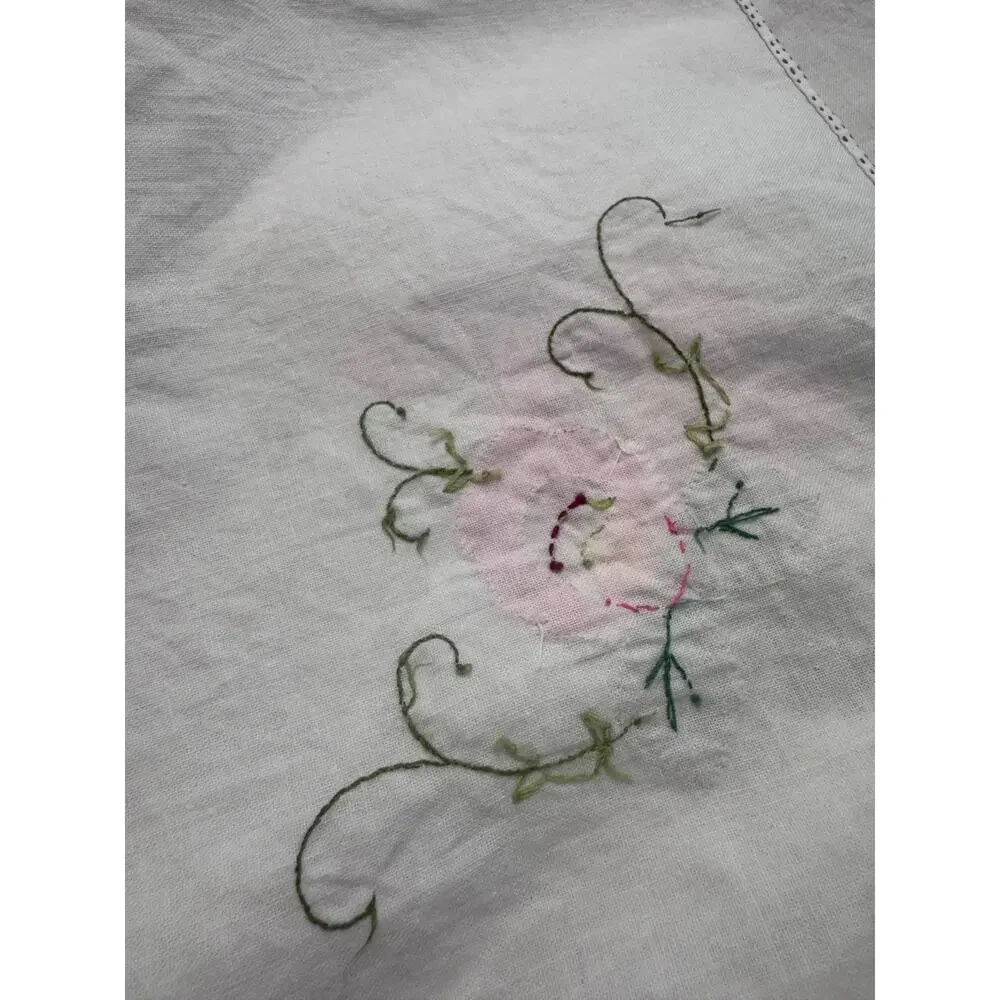 Vintage 32x32 Hand Embroidered Floral Tablecloth - Tea Party and Kitchen Decor